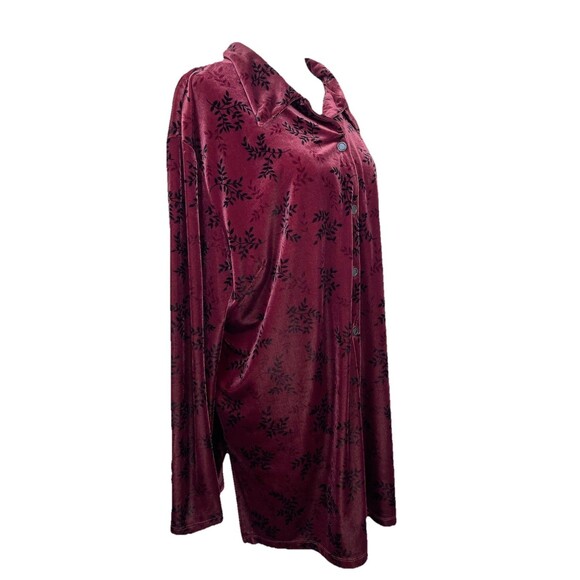 Style & co Woman’s Velvet Floral Long Sleeve Collared Button Up Burgundy-1X - Picture 2 of 9